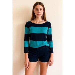 J Crew Y2K Teal & Navy Rugby Linen Blend Stripe  Boatneck Top thick